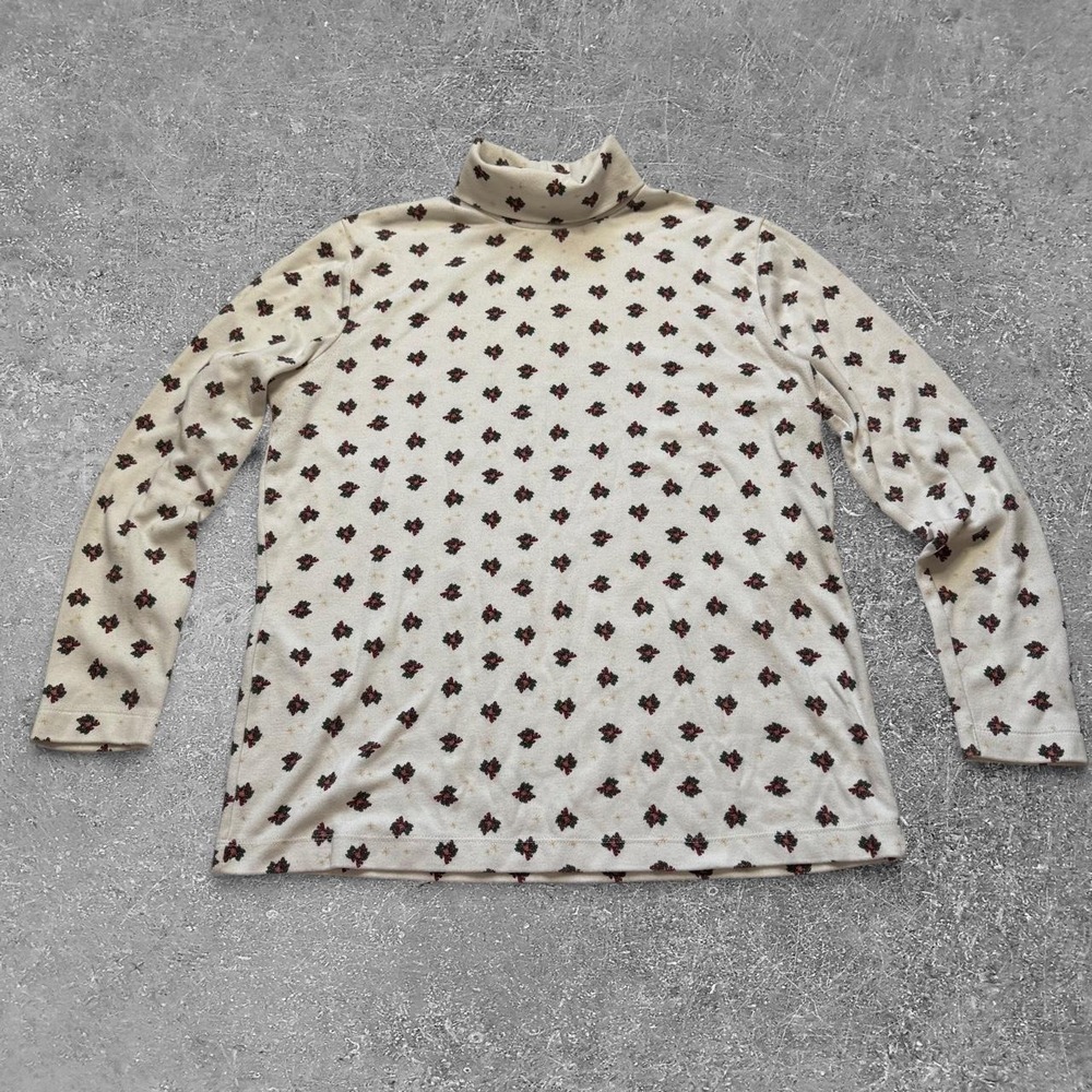 Bobbie Brooks Women Cream Holiday Holly Bells Stars Turtleneck Top Large
